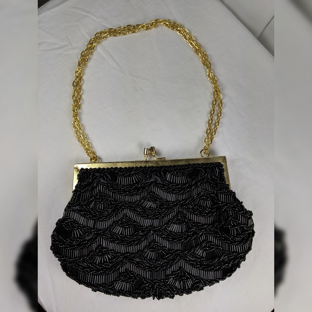 Black Hand Beaded Evening Bag Purse Clutch